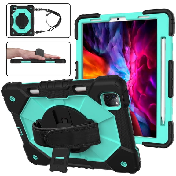 Dteck Case for iPad Pro 11 inch 4th/3rd/2nd/1st Gen(2022/2021/2021/2018) iPad Air 4th/5th Gen 10.9",Heavy Duty Stand Shockproof Rubber Built-in Pencil Holder Cover with Hand/Shoulder Strap,Black/Mint