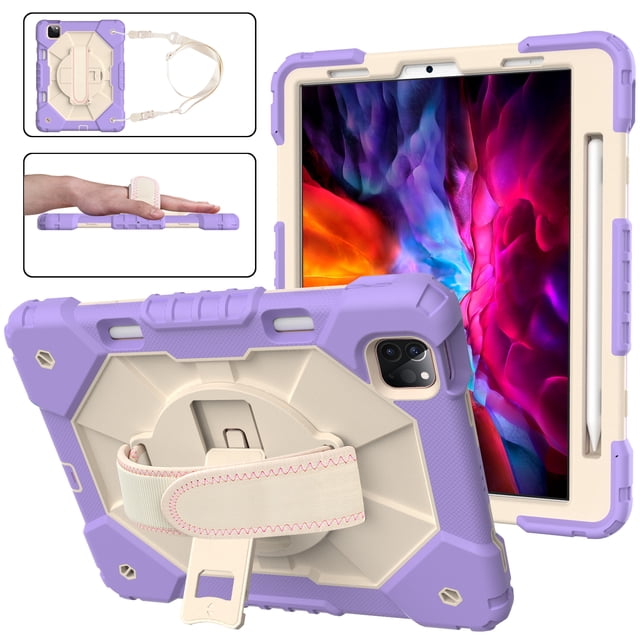 Dteck Case for iPad Pro 11 inch 4th/3rd/2nd/1st Gen(2022/2021/2021/2018) iPad Air 4th/5th Gen 10.9",Shockproof Stand Rubber Built-in Pencil Holder Cover with Hand/Shoulder Strap,Purple/Beige