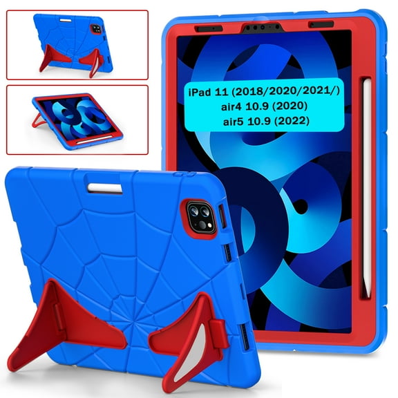 Dteck Case for iPad Pro 11 inch 4th/3rd/2nd/1st Gen/iPad Air 4th/5th Gen 10.9",Shockproof Rugged Rubber Kids Friendly Case Pencil Holder Stand Cover for iPad Pro 11 2022/2021/2020/2018,Blue+Red