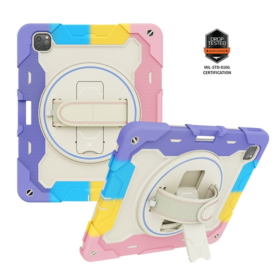Dteck Case for iPad Pro 12.9 2022/2021/2020/2018 with Rotating Stand Strap, Dteck 3 Layer Heavy Duty Rugged Protective Case for iPad Pro 12.9 6th/5th/4th/3rd Generation,Pink