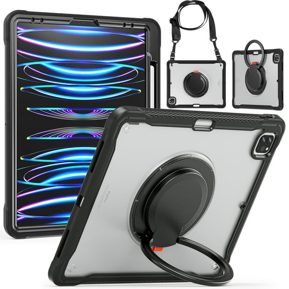 Dteck Case for iPad Pro 12.9 2022 6th Gen / 2021 5th Gen / 2020 4th Gen, Military Grade Silicone Protective Cover with Rotating Handle Stand Shoulder Strap,Black