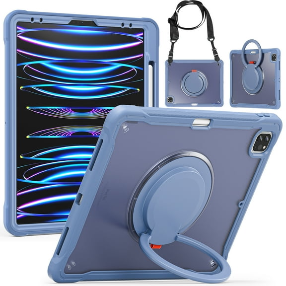 Dteck Case for iPad Pro 12.9 2022 6th Gen / 2021 5th Gen / 2020 4th Gen, Military Grade Silicone Protective Cover with Rotating Handle Stand Shoulder Strap,Purple