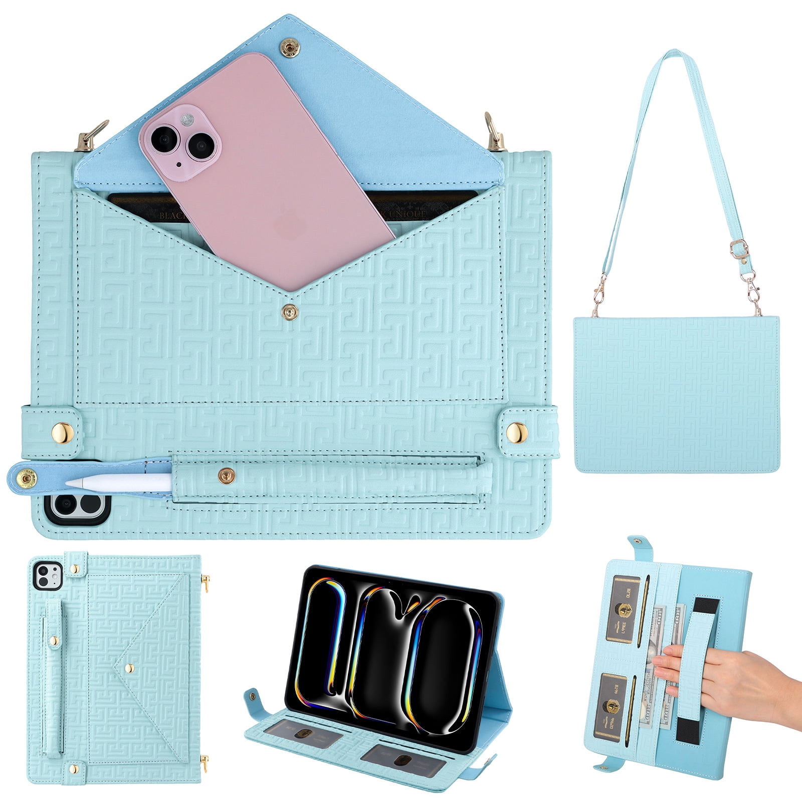 Dteck Case for iPad Pro 12.9 Case 6th/5th/4th/3rd Generation 2022/2021/2020/2018, iPad Air 13" 2024 Slim Protective Case with Pencil Holder Envelope Pocket Hand Strap Holder Crossbody iPad Case,Blue