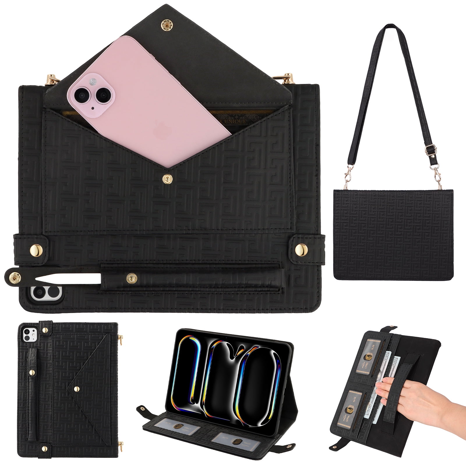 Dteck Case for iPad Pro 12.9 Case 6th/5th/4th/3rd Generation 2022/2021/2020/2018, iPad Air 13" 2024 Slim Protective Case with Pencil Holder Envelope Pocket Hand Strap Holder Crossbody iPad Case,Black