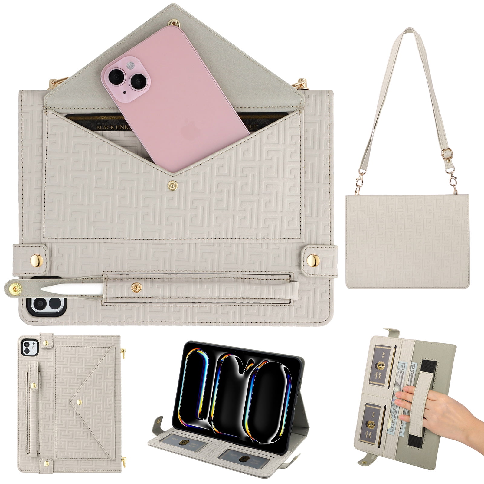 Dteck Case for iPad Pro 12.9 Case 6th/5th/4th/3rd Generation 2022/2021/2020/2018, iPad Air 13" 2024 Slim Protective Case with Pencil Holder Envelope Pocket Hand Strap Holder Crossbody iPad Case,Beige
