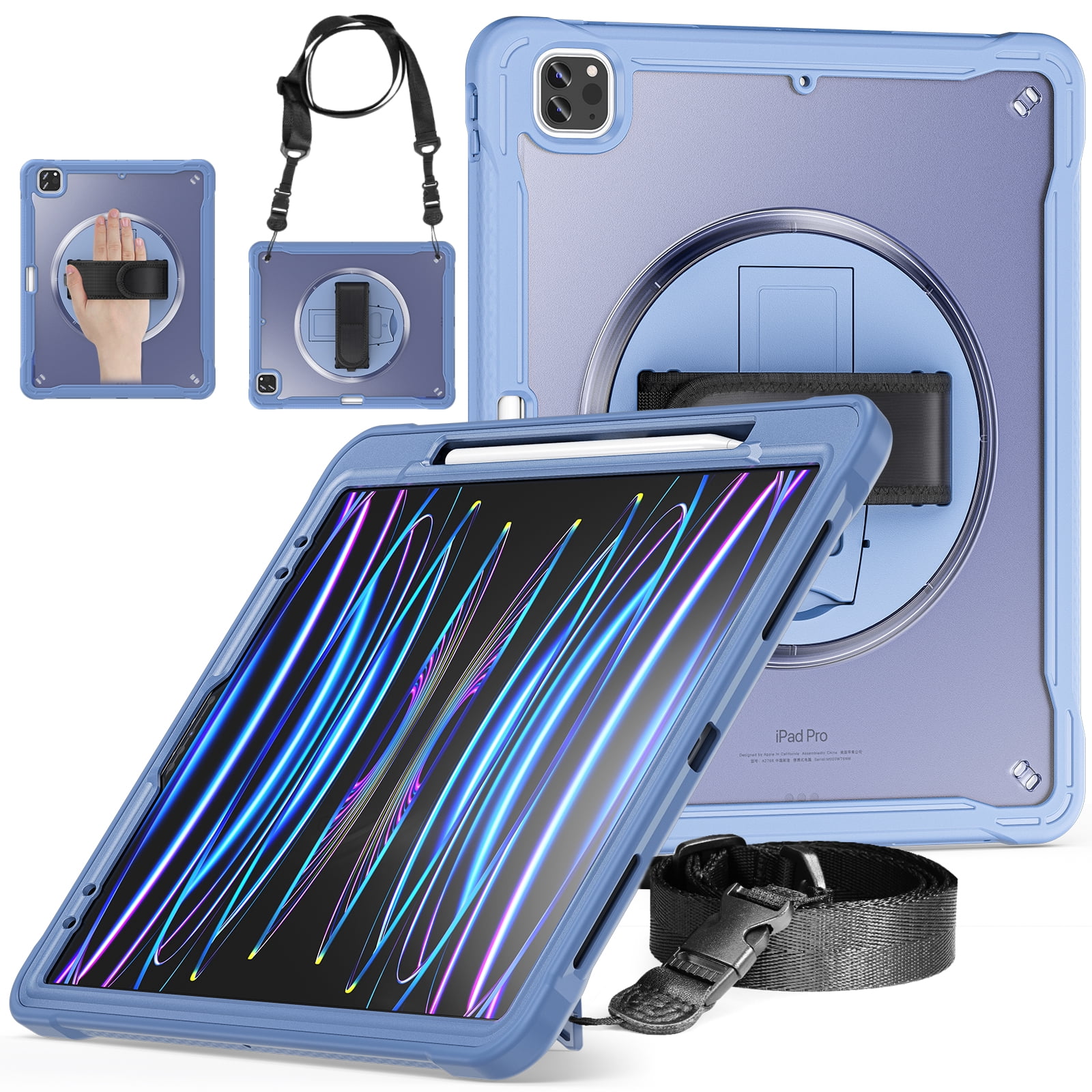 Dteck Case for iPad Pro 12.9-inch 3rd/4th/5th/6th Generation (2018/2020/2021/2022),Military Grade Shockproof Silicone Cover 360° Rotatable Stand- Shoulder Strap- Handle- Pencil Holder,Grey
