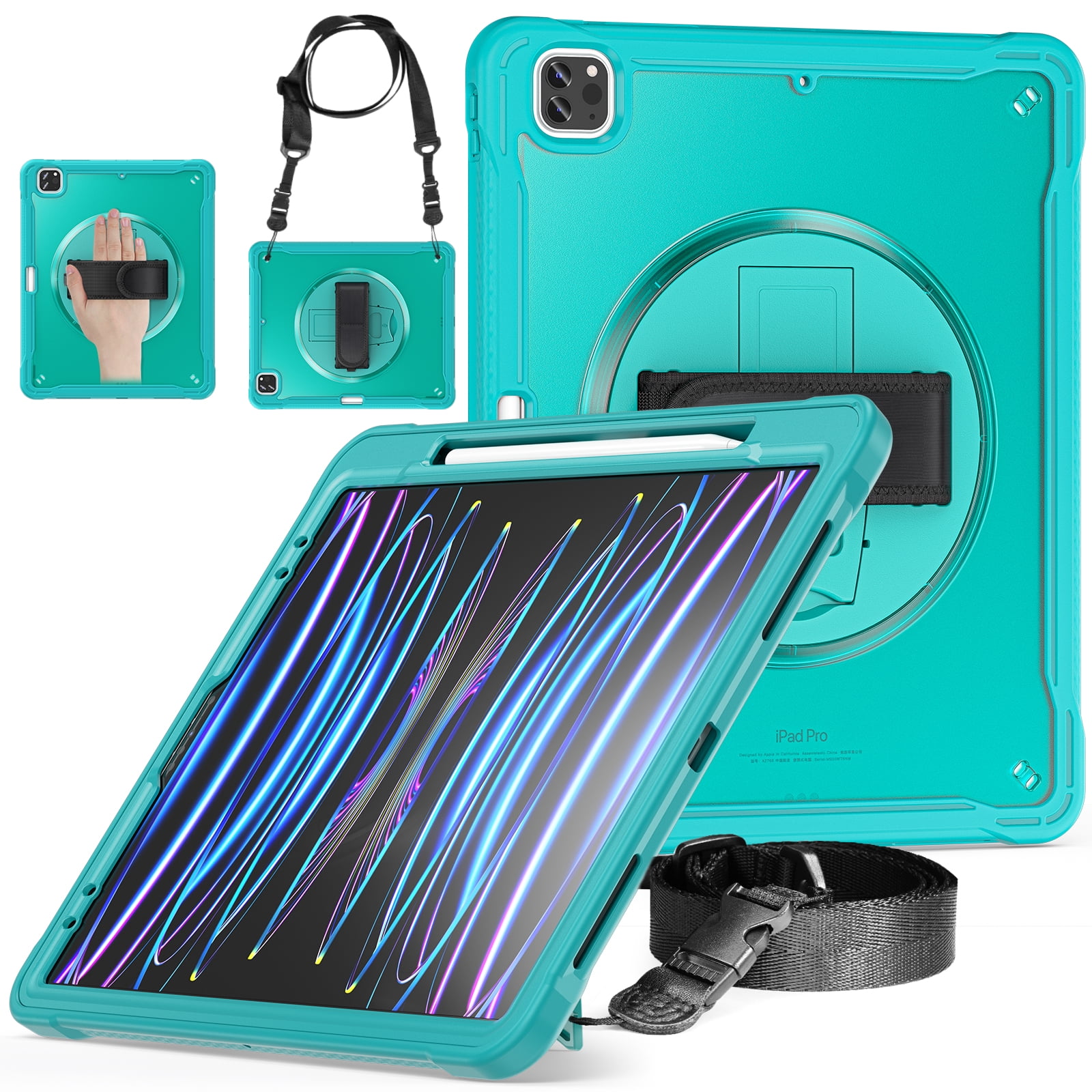 Dteck Case for iPad Pro 12.9-inch 3rd/4th/5th/6th Generation (2018/2020/2021/2022),Military Grade Shockproof Silicone Cover 360° Rotatable Stand- Shoulder Strap- Handle- Pencil Holder,Blue