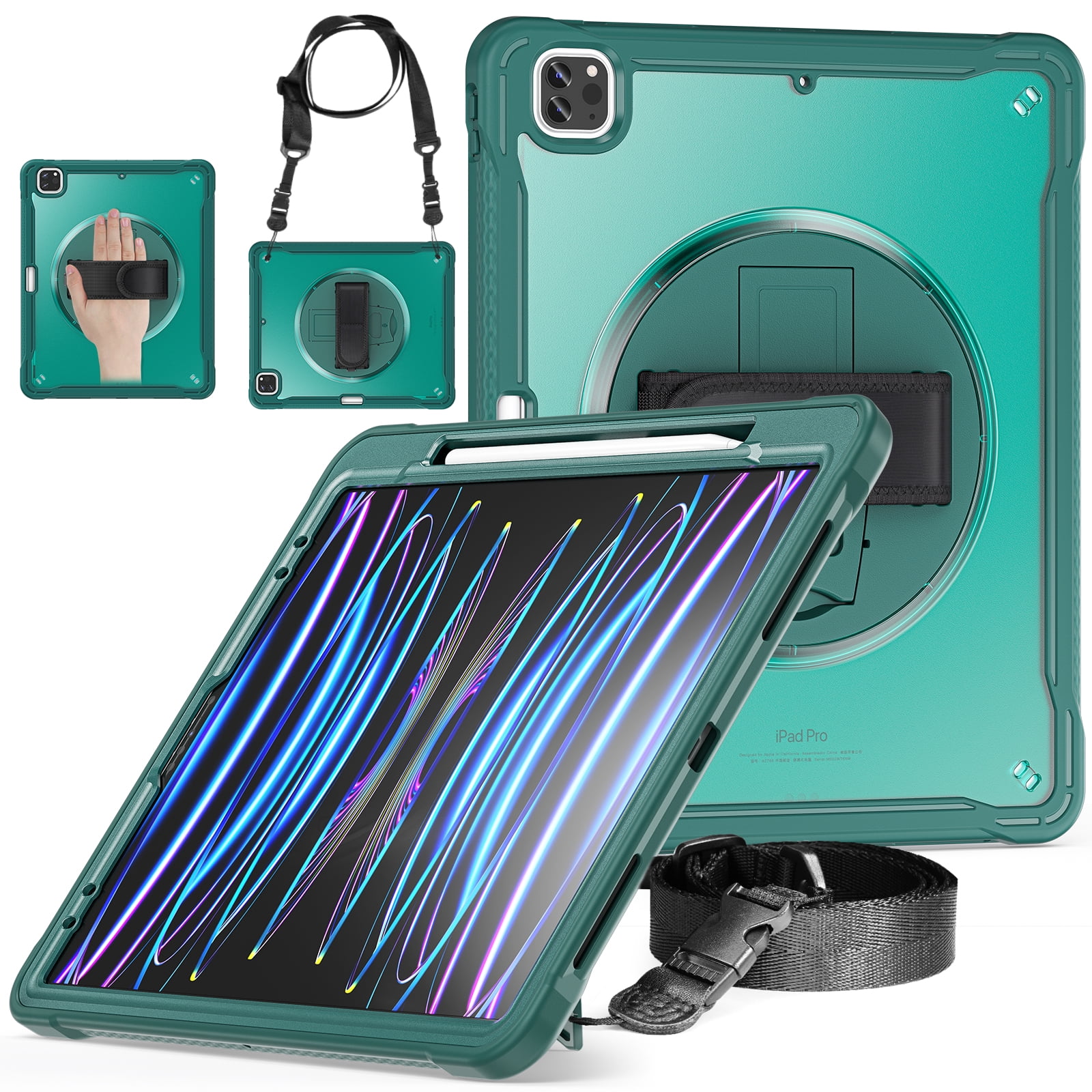 Dteck Case for iPad Pro 12.9-inch 3rd/4th/5th/6th Generation (2018/2020/2021/2022),Military Grade Shockproof Silicone Cover 360° Rotatable Stand- Shoulder Strap- Handle- Pencil Holder,Darkgreen