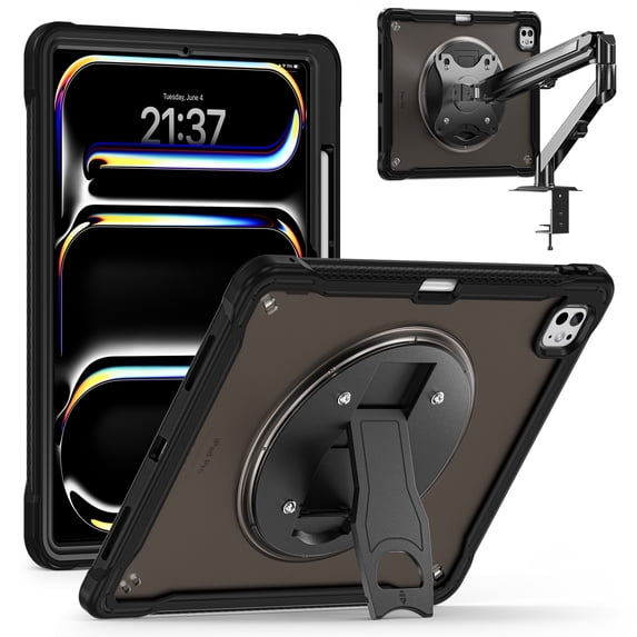 Dteck Case for iPad Pro 12.9 inch 6th/ 5th/ 4th/ 3rd Generation , for iPad Pro 12.9 2022/2021/2020/2018 with Strong Protection, Shoulder Strap,Rotating Stand,Pencil Holder,Black