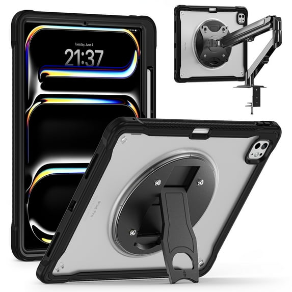 Dteck Case for iPad Pro 12.9 inch 6th/ 5th/ 4th/ 3rd Generation , for iPad Pro 12.9 2022/2021/2020/2018 with Strong Protection, Shoulder Strap,Rotating Stand,Pencil Holder,Clear