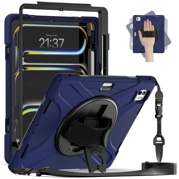 Dteck Case for iPad Pro 13 inch M4 2024,Heavy Duty Armor Shockproof Kids Case with Rotating Stand & Hand/Shoulder Strap for iPad Pro 13-in. (M4),Navyblue