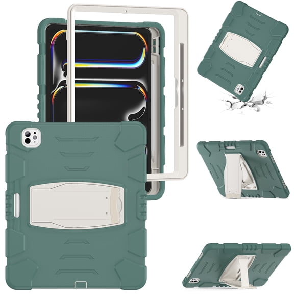 Dteck Case for iPad Pro 13 inch M4 2024,Heavy Duty Silicone Case 3-Layer Protection Built-in Pencil Holder Shockproof Kickstand Cover for iPad Pro 13-in. (M4),Emeraldgreen
