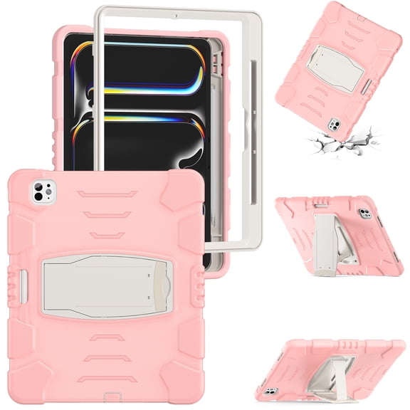 Dteck Case for iPad Pro 13 inch M4 2024,Heavy Duty Silicone Case 3-Layer Protection Built-in Pencil Holder Shockproof Kickstand Cover for iPad Pro 13-in. (M4),Pink