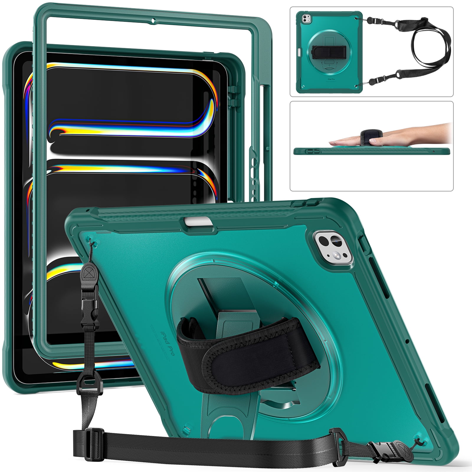 Dteck Case for iPad Pro 13 inch M4 2024,Military Grade Shockproof Silicone Cover 360° Rotatable Stand- Shoulder Strap- Handle- Pencil Holder,Darkgreen