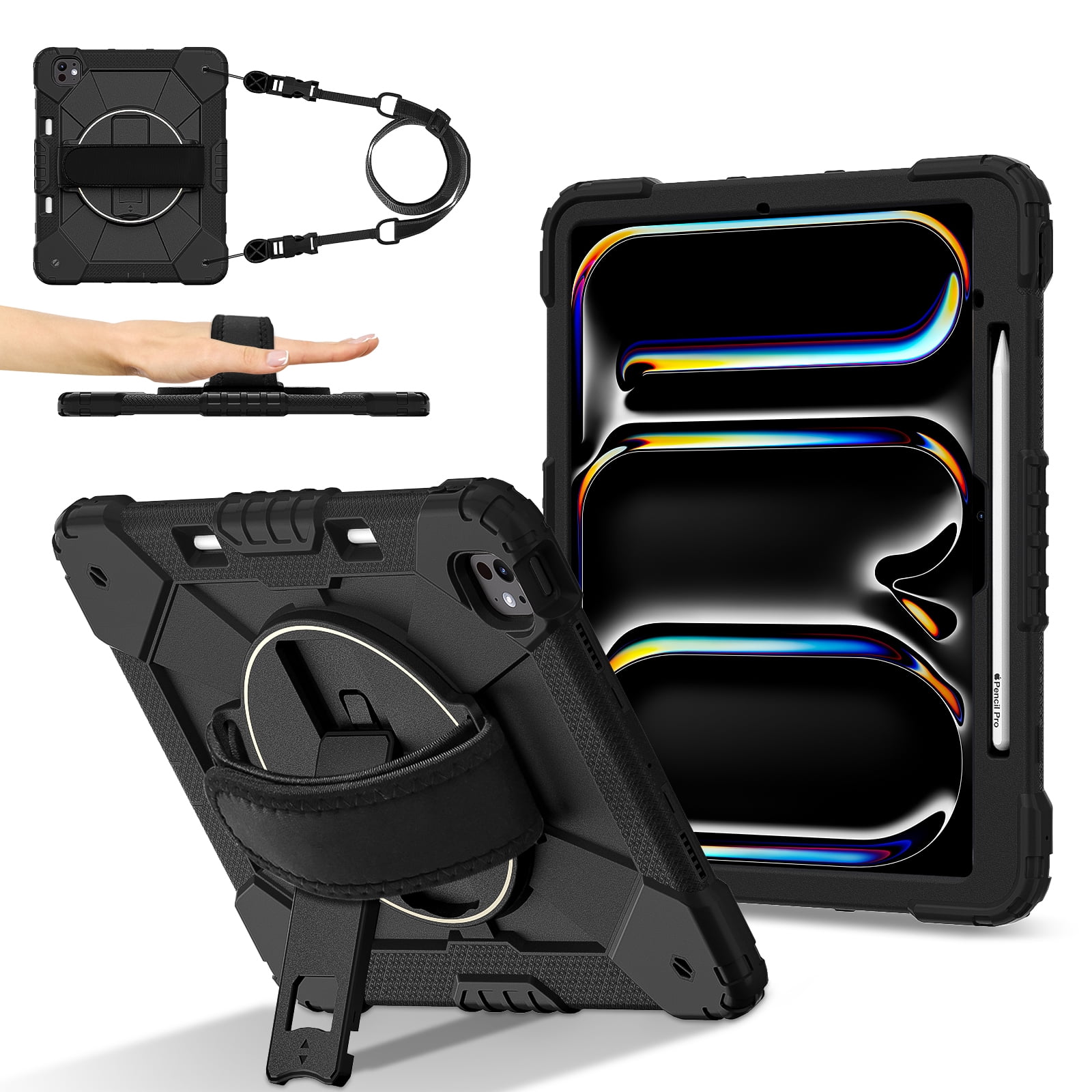 Dteck Case for iPad Pro 13 inch (M4) 2024 with Pencil Holder, Shockproof Silicone + PC 3 Layer Protection Case Heavy Duty 360° Rotating Hand Strap Kickstand Cover,Black