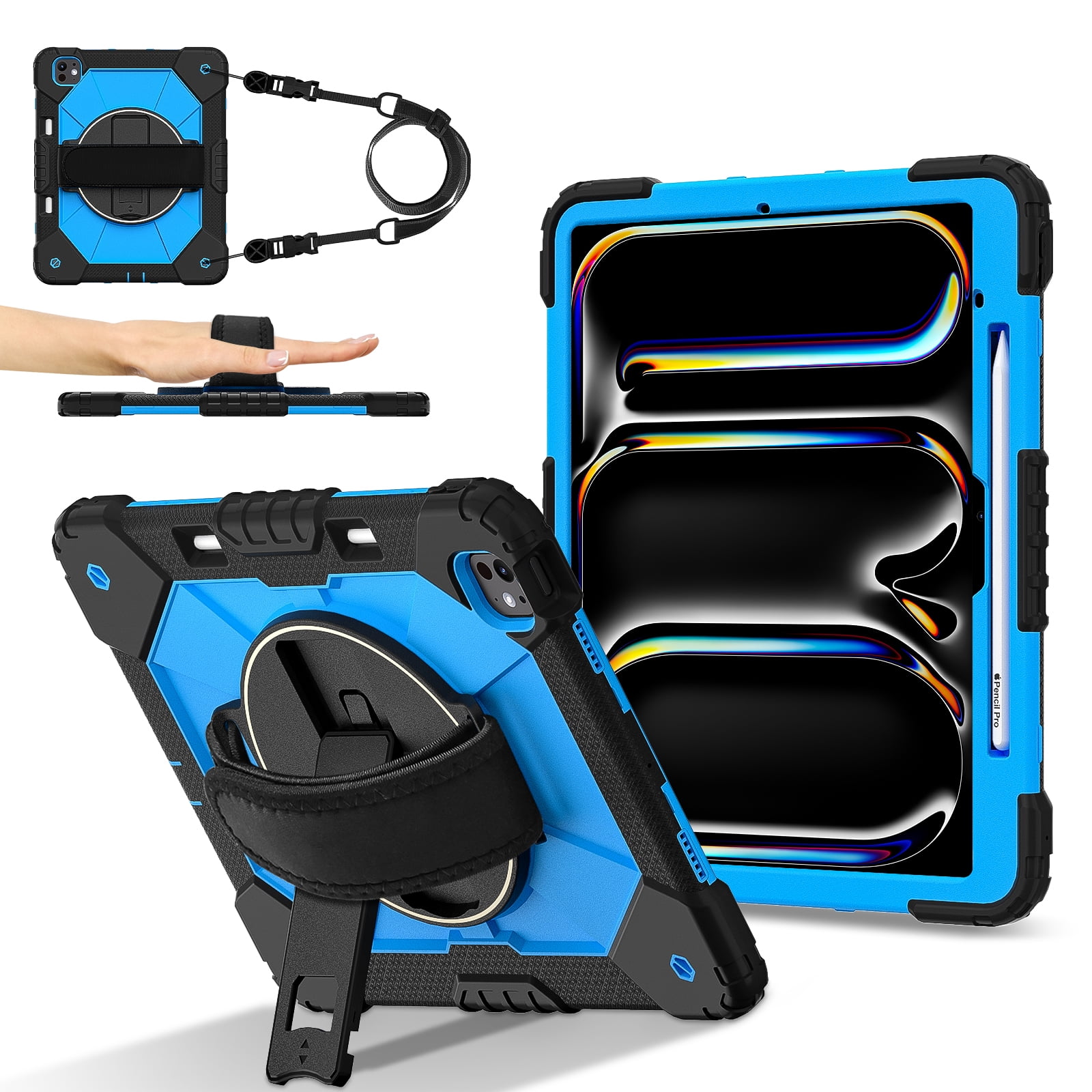 Dteck Case for iPad Pro 13 inch (M4) 2024 with Pencil Holder, Shockproof Silicone + PC 3 Layer Protection Case Heavy Duty 360° Rotating Hand Strap Kickstand Cover,Black+Blue