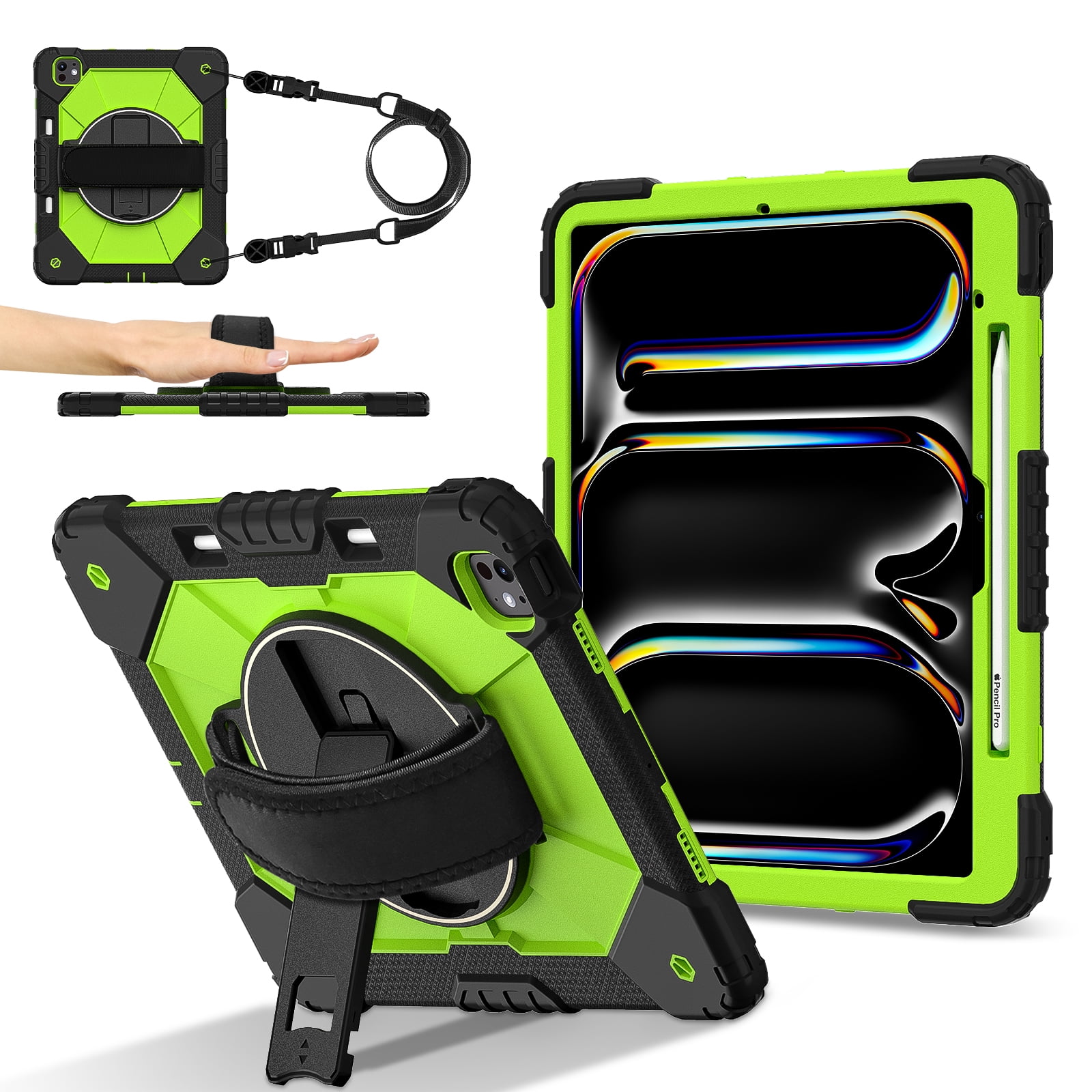 Dteck Case for iPad Pro 13 inch (M4) 2024 with Pencil Holder, Shockproof Silicone + PC 3 Layer Protection Case Heavy Duty 360° Rotating Hand Strap Kickstand Cover,Black+Green