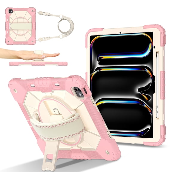 Dteck Case for iPad Pro 13 inch (M4) 2024 with Pencil Holder, Shockproof Silicone + PC 3 Layer Protection Case Heavy Duty 360° Rotating Hand Strap Kickstand Cover,Pink+White
