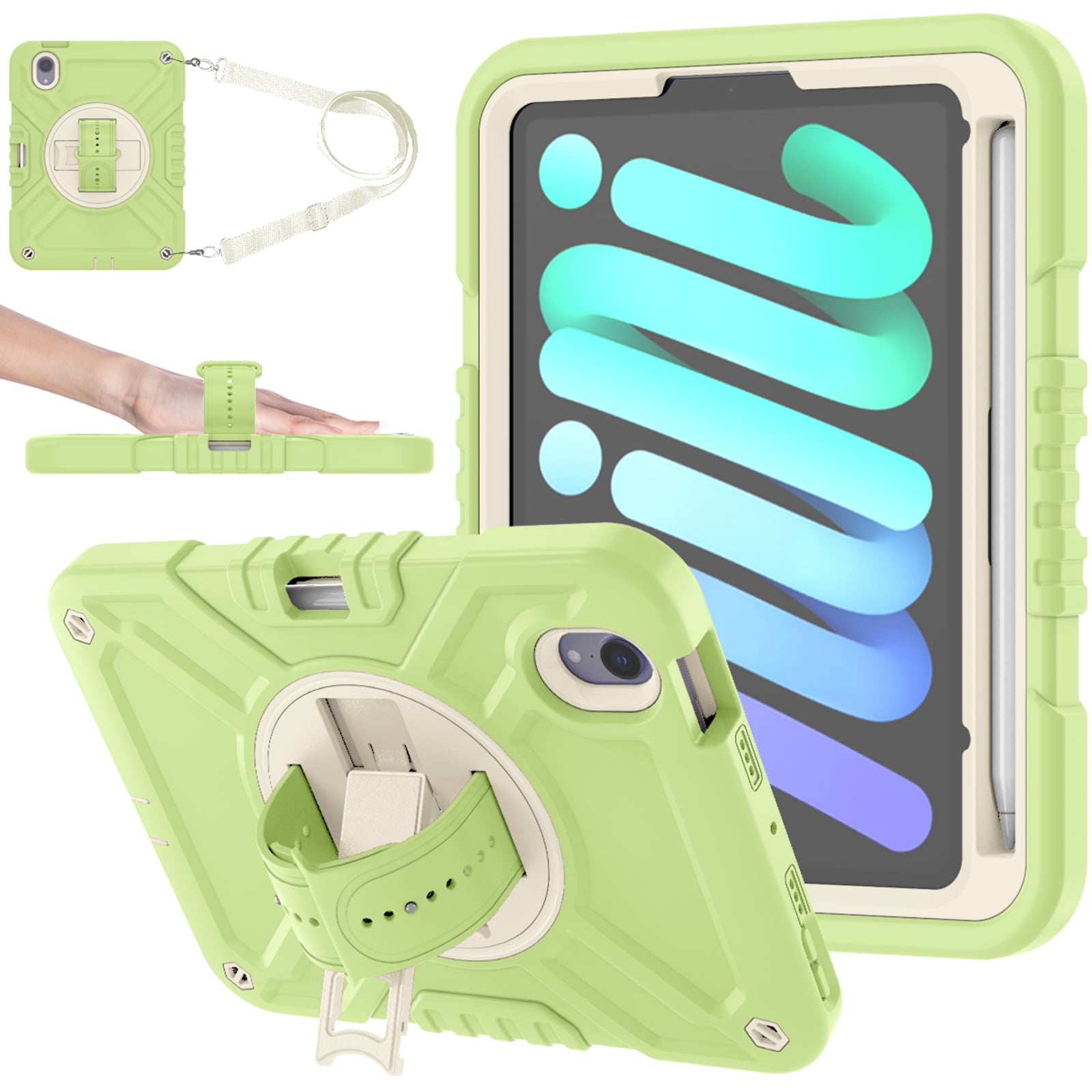 Dteck Case for iPad mini 7 (A17 Pro) 8.3 inch 2024/ iPad mini 6th Generation,Heavy Duty Rugged Drop Proof Shockproof Armor Case with Stand Pencil Holder Hand Strap Shoulder Strap,Green+White