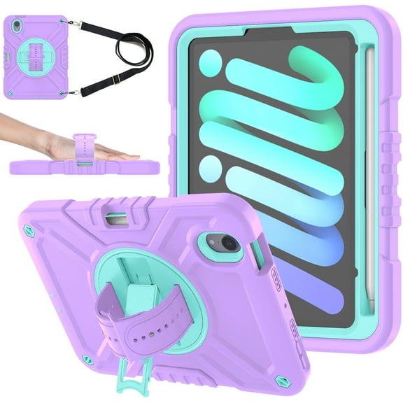 Dteck Case for iPad mini 7 (A17 Pro) 8.3 inch 2024/ iPad mini 6th Generation,Heavy Duty Rugged Drop Proof Shockproof Armor Case with Stand Pencil Holder Hand Strap Shoulder Strap,Purple+Green