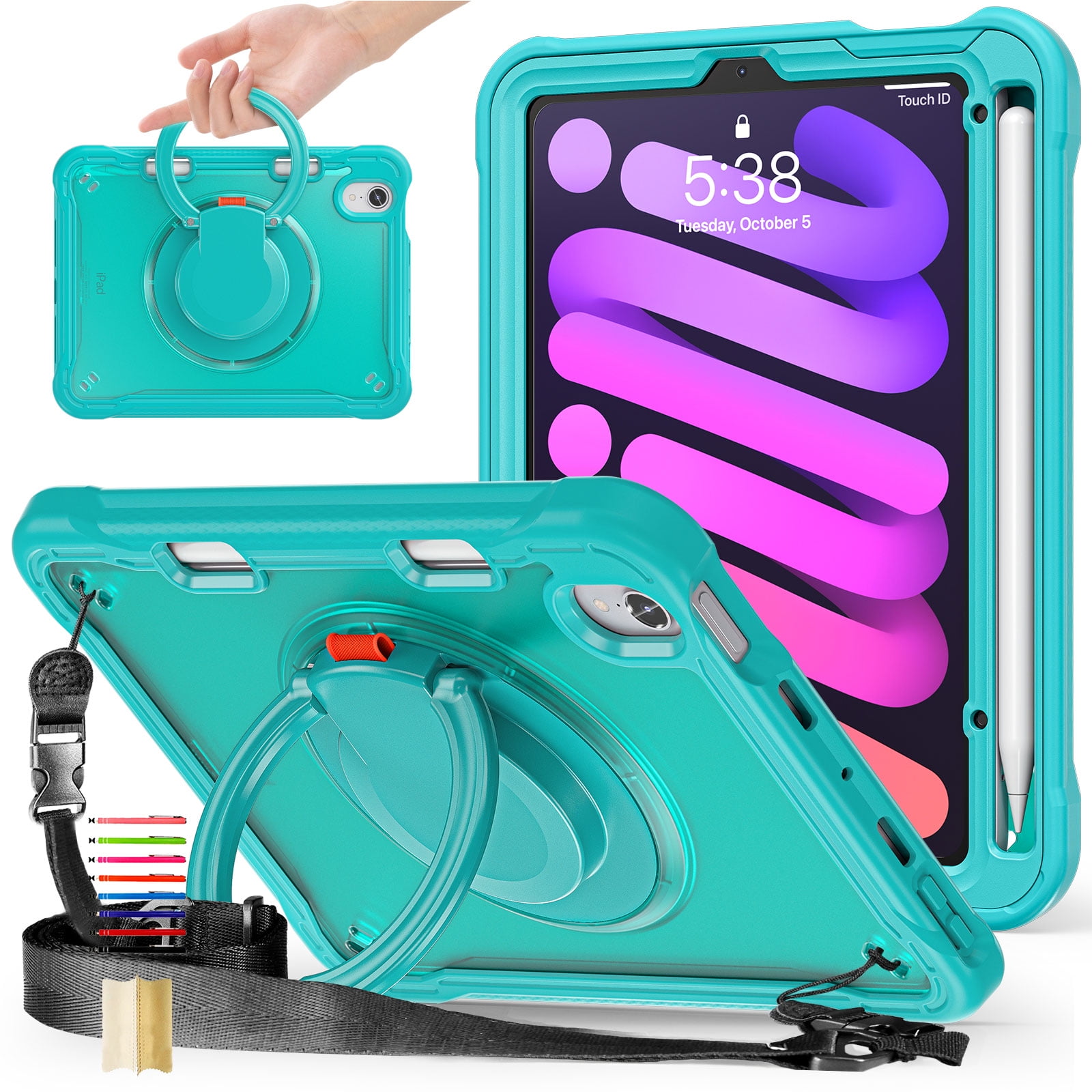 Dteck Case for iPad mini (A17 Pro) 8.3 inch 2024 / iPad mini 6th Generation,Military Grade Shockproof TPU Protective Cover for Kids with Stand -Grip Handle - Shoulder Strap - Pencil Holder,Blue