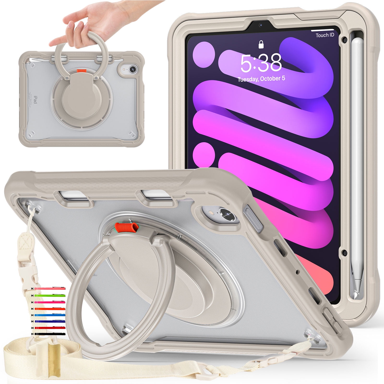 Dteck Case for iPad mini (A17 Pro) 8.3 inch 2024 / iPad mini 6th Generation,Military Grade Shockproof TPU Protective Cover for Kids with Stand -Grip Handle - Shoulder Strap - Pencil Holder,Khaki