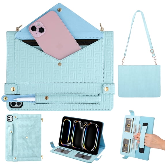 Dteck Case for iPad mini 7.9-inch, Slim 3D Embossed PU Leather Business Protective Case with Pencil Holder Envelope Pocket Hand Strap Holder Crossbody iPad Case for iPad mini 5/4/3,Blue