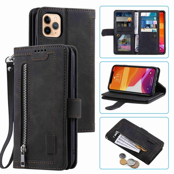 Dteck Case For iPhone 11 Pro Max 6.5 inch 2019 Luxury PU Leather 9 Card Holder Flip Magnetic Wallet Purse Case with Zipper Coin/Cash Pocket Fold Stand, black