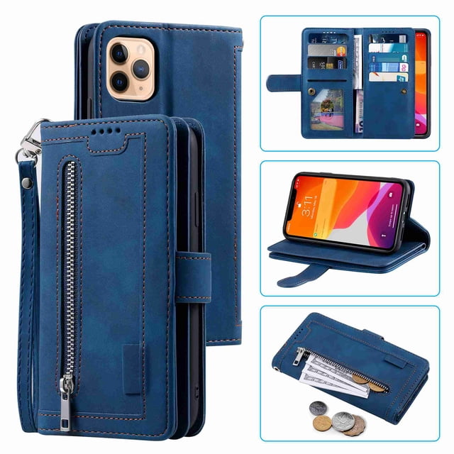 Dteck Case For iPhone 11 Pro Max 6.5 inch 2019 Luxury PU Leather 9 Card Holder Flip Magnetic Wallet Purse Case with Zipper Coin/Cash Pocket Fold Stand, darkblue
