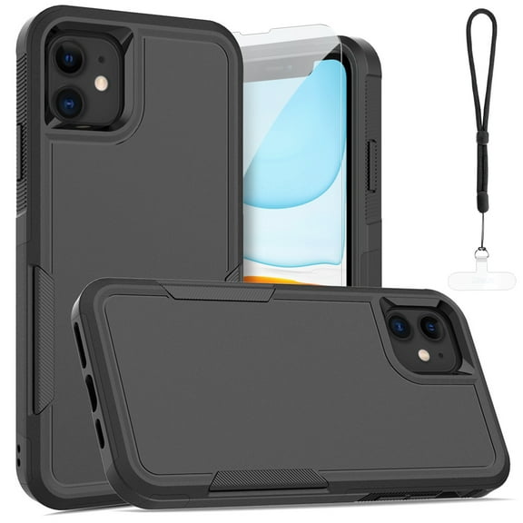 Dteck Case For iPhone 11 with Screen Protector, Heavy Duty Rugged Full Body Shockproof Protective Phone Cover with Lanyard Stap & Phone Tether Tab,Black