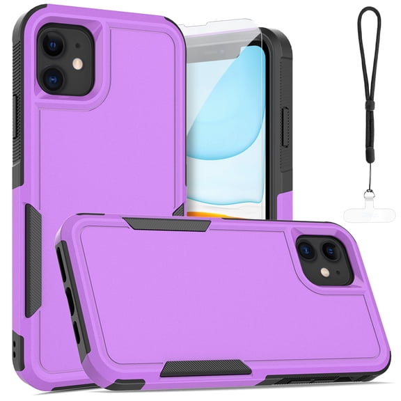 Dteck Case For iPhone 11 with Screen Protector, Heavy Duty Rugged Full Body Shockproof Protective Phone Cover with Lanyard Stap & Phone Tether Tab,Purple