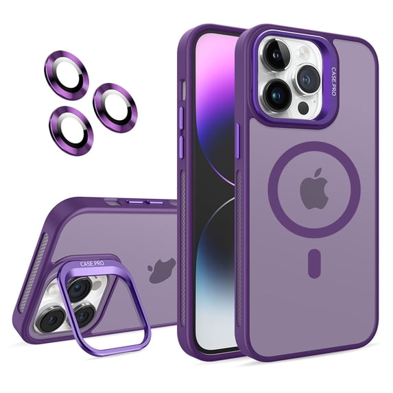 Dteck Case for iPhone 12,Magnetic Mag-Safe Matte PC Case with Camera Lens Protector Shockproof Rubber Metal Camera Protection Kickstand Cover,Darkpurple