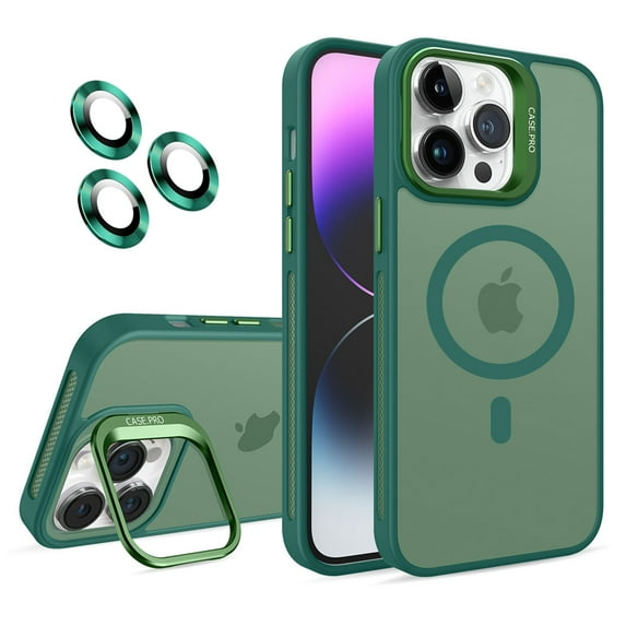 Dteck Case for iPhone 12 Pro,Magnetic Mag-Safe Matte PC Case with Camera Lens Protector Shockproof Rubber Metal Camera Protection Kickstand Cover,Darkgreen