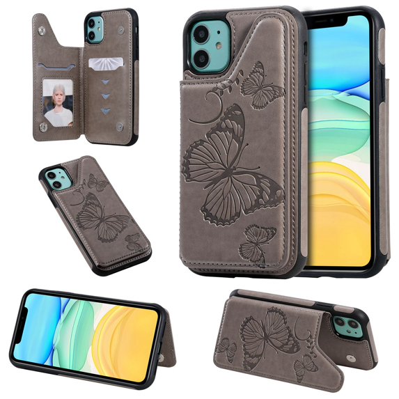 Dteck Case for iPhone 12 Pro Max 6.7-inch,Magnetic Butterfly Patterned Flip PU Leather Kicksatnd Card Holder Wallet Rubber Shockproof Case Back Phone Cover,Gray