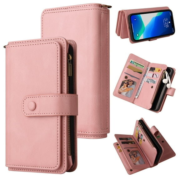 Dteck Case for iPhone 12 Pro Max 6.7-inch,Retro Magnetic Leather Card Holder Wallet Zipper Flip Case Kickstand Protector Purse Shockrpoof Strap Cover,Pink