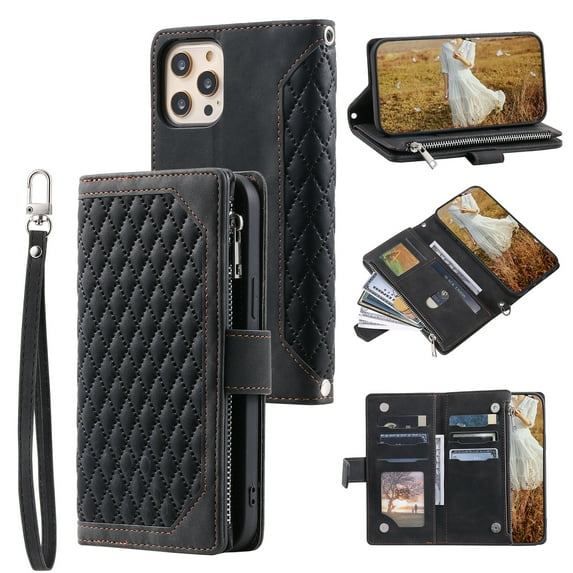 Dteck Case for iPhone 12 Pro Max,Magnetic Leather Crossbody Zipper Wallet Bag Card Pocket Case Shockproof Rubber Kickstand with Hand/Shoulder Strap Cover,Black