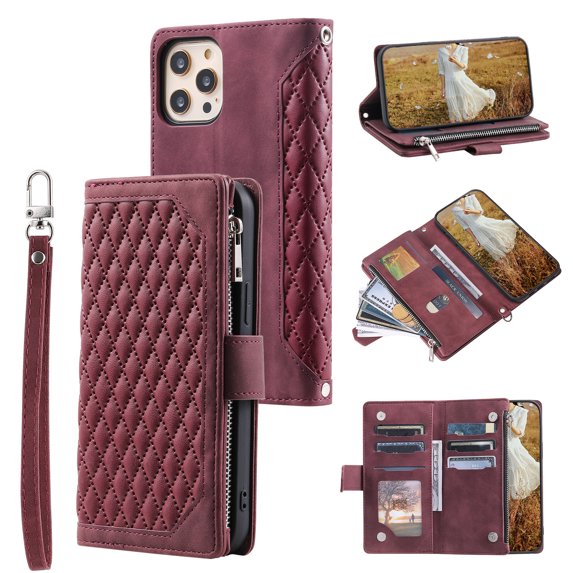 Dteck Case for iPhone 12 Pro Max,Magnetic Leather Crossbody Zipper Wallet Bag Card Pocket Case Shockproof Rubber Kickstand with Hand/Shoulder Strap Cover,Winered