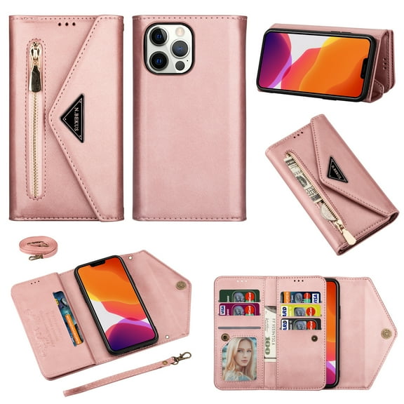 Dteck Case for iPhone 13 Pro 6.1-inch,Retro Magnetic Leather Wallet Zipper Card Holder Pocket Flip Wrist Strap+Shoulder Strap Crossbag Cover for iPhone 13 Pro,Rosegold