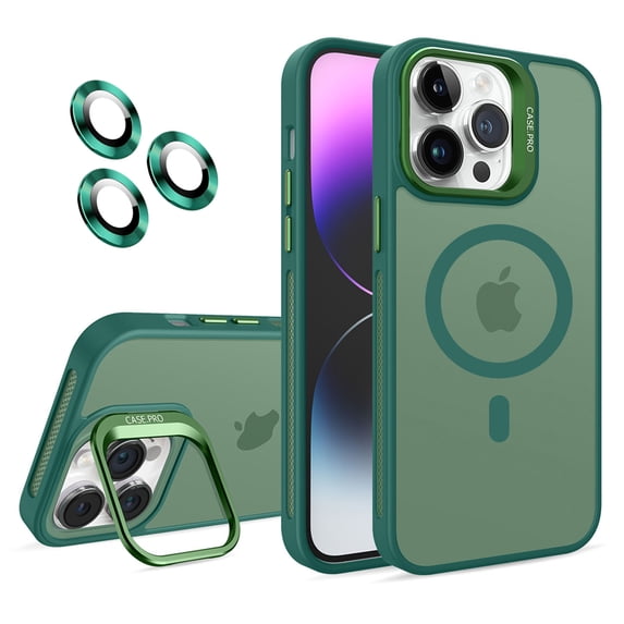 Dteck Case for iPhone 13 Pro Max,Magnetic Mag-Safe Matte PC Case with Camera Lens Protector Shockproof Rubber Metal Camera Protection Kickstand Cover,Darkgreen