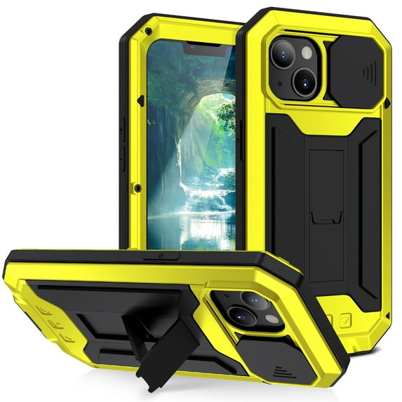 Dteck Case for iPhone 13 mini ,Shockproof Armor Rubber Rugged Heavy Duty Kickstand Tempered Glass Screen Protection Full Body Cover Camera Slide Protector Case,Yellow