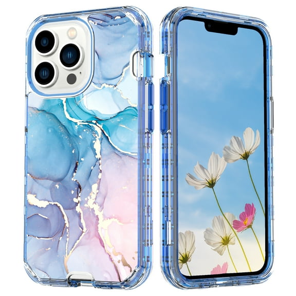 Dteck Case for iPhone 14 Plus 6.7" 2022 Release, 3-Layer Heavy Duty Protective Case Wireless Charging Shockproof Anti-drop Fashion Marble Pattern Luxury Case for Girls & Women, Blue & Pink Marble