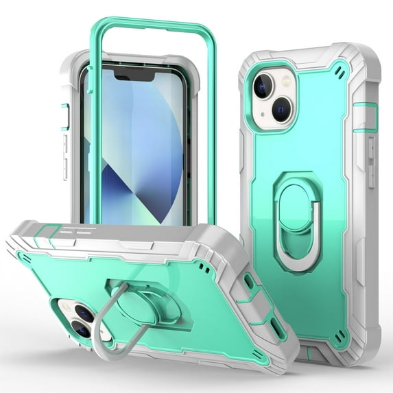 Dteck Case for iPhone 14 Plus 6.7-inch,Shockproof Rugged Rubber Armor 3-Layer Protection iPhone Case Hybrid Hard PC Back with Ring Holder Kickstand Cover,Gray + Green
