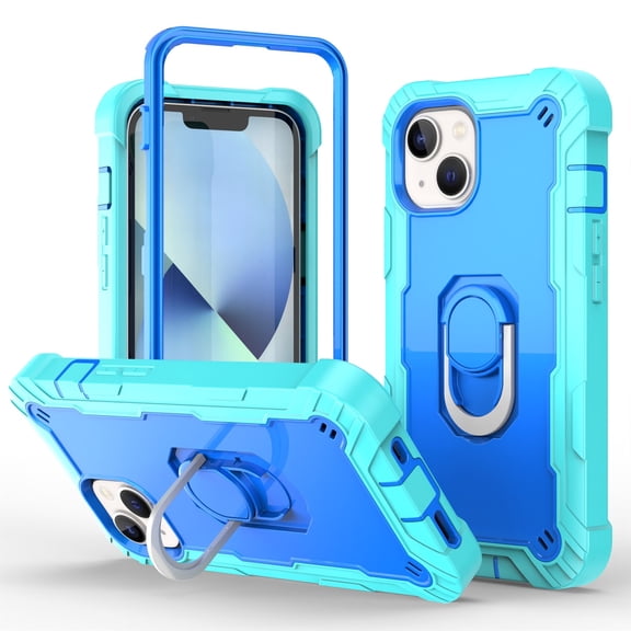 Dteck Case for iPhone 14 Plus 6.7-inch,Shockproof Rugged Rubber Armor 3-Layer Protection iPhone Case Hybrid Hard PC Back with Ring Holder Kickstand Cover,Green + Blue