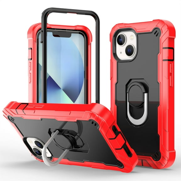 Dteck Case for iPhone 14 Plus 6.7-inch,Shockproof Rugged Rubber Armor 3-Layer Protection iPhone Case Hybrid Hard PC Back with Ring Holder Kickstand Cover,Red + Black
