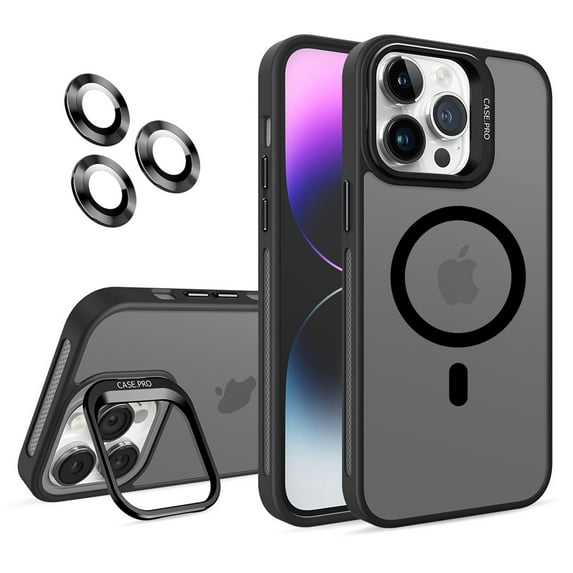 Dteck Case for iPhone 14 Plus,Magnetic Mag-Safe Matte PC Case with Camera Lens Protector Shockproof Rubber Metal Camera Protection Kickstand Cover,Black