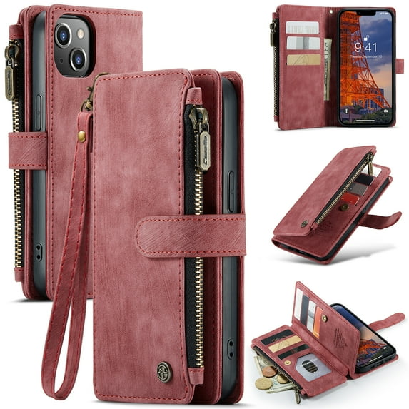 Dteck Case for iPhone 14 Plus Wallet Case for Women Men, Fashion Durable PU Leather Magnetic Flip Lanyard Strap Wristlet Zipper Card Holder Wallet Phone Case for iPhone 14 Plus 6.7-inch,Red