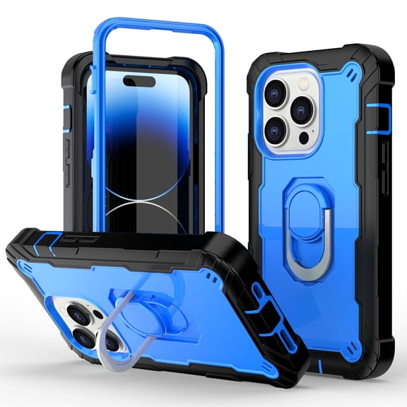 Dteck Case for iPhone 14 Pro Max 6.7-inch,Shockproof Rugged Rubber Armor 3-Layer Protection iPhone Case Hybrid Hard PC Back with Ring Holder Kickstand Cover,Green + Blue