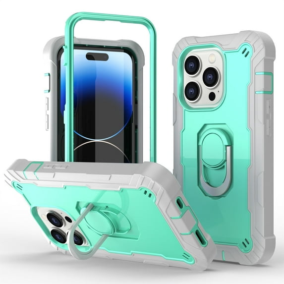 Dteck Case for iPhone 14 Pro Max 6.7-inch,Shockproof Rugged Rubber Armor 3-Layer Protection iPhone Case Hybrid Hard PC Back with Ring Holder Kickstand Cover,Green + Blue