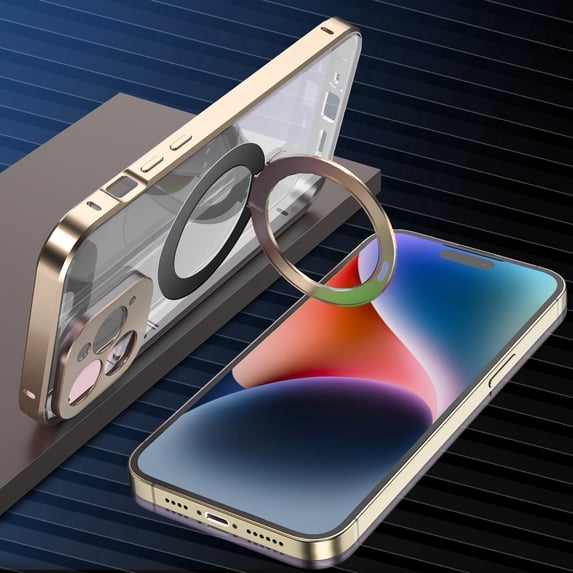 Dteck Case for iPhone 14 Pro Max,Magnetic Adsorption Case Metal Bumper+Front Transparent Tempered Glass+Frosted PC Back Shockproof Kickstand Cover Full Body Protective,Gold