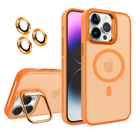 Dteck Case for iPhone 14 Pro Max,Magnetic Mag-Safe Matte PC Case with Camera Lens Protector Shockproof Rubber Metal Camera Protection Kickstand Cover,Orange